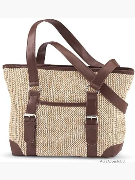 Handbags - Straw Woven Shoulder Bag with Multiple Pockets Top Zip Closure